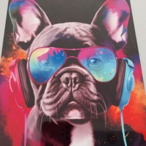 Plaque alu deco bouledogue français, noir avec lunettes