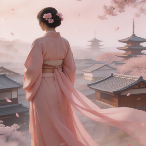 Affiche Femme en Kimono sous les Cerisiers – Format 30×40 cm