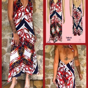 ❤️ Robe longue dos nu imprimé rouge marine blanc – taille M – SOLDÉ 70% ❤️