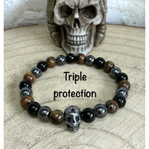 Bracelet triple protection et tête de mort 20 cm , lithothérapie