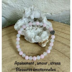 Bracelet agate blanche quartz rose et cœur 19 cm , lithothérapie