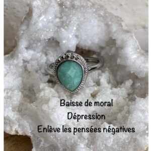 Bague argentée en amazonite ajustable et inoxydable, lithothérapie