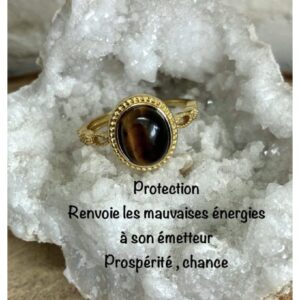 Bague dorée œil de tigre ajustable et inoxydable, lithothérapie