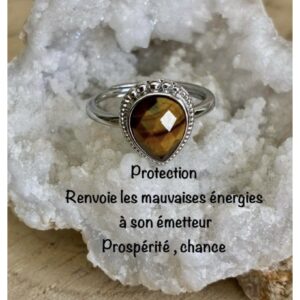 Bague argentée en œil de tigre , ajustable et inoxydable, lithothérapie