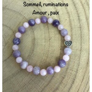 Bracelet quartz rose lepidolite et cœur 18 cm , lithothérapie