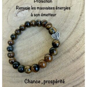 Bracelet œil de tigre et cœur 18 cm , lithothérapie