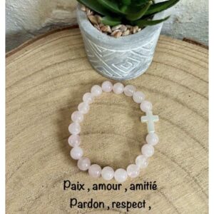 Bracelet quartz rose et croix 18 cm , lithothérapie