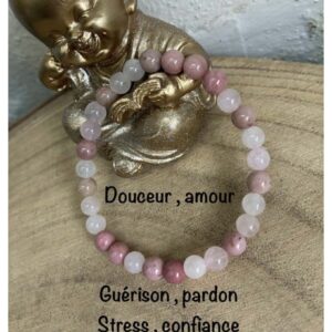 Bracelet rhodonite et quartz rose 18,5 cm , lithothérapie