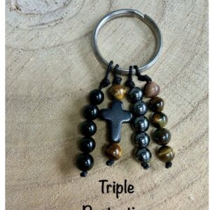 Porte clefs triple protection et croix , lithothérapie