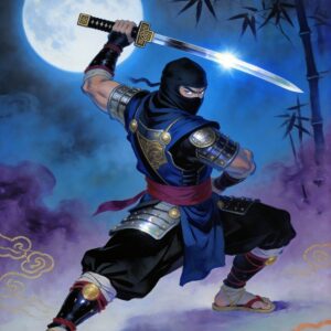 AFFICHE ART MANGA – NINJA GUERRIER KATANA LUNE 30x40cm