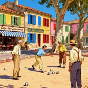 Affiche illustration – Partie de pétanque sur la place du village provençal Format 30×40 cm