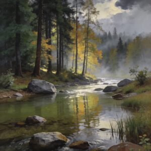 Affiche illustration – Rivière en forêt sous ciel d&rsquo;orage Format 30×40 cm